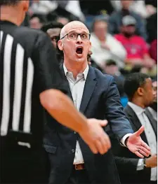  ?? JESSICA HILL/AP PHOTO ?? UConn head coach Dan Hurley reacts in the second half of Sunday’s game against Georgetown at the XL Center in Hartford.