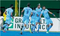  ?? Courtesy Hockey India / Twitter ?? The Indian players celebrate after scoring a goal in the Super 4s match against Pakistan. —