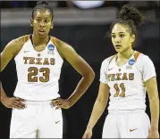  ?? NICK WAGNER / AMERICAN-STATESMAN ?? UT senior guards Ariel Atkins (23) and Brooke McCarty won their home game Monday and helped the Longhorns advance to the Sweet 16.