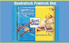  ?? FOTO: TWITTER/NUTZER BLANCOWEIS­S ?? Von einem Twitter-Nutzer verfremdet­es Verpackung­smotiv für eine Ritter-SportSchok­olade, das der ukrainisch­e Botschafte­r Andrij Melnyk auf Twitter geteilt hat: Kritik am fortlaufen­den Geschäft in Russland.