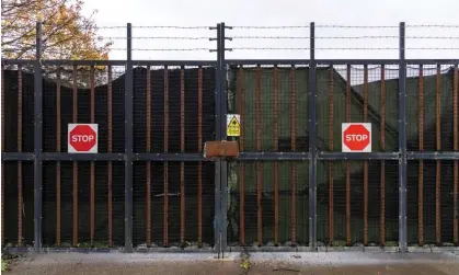  ?? Photograph: Andy Aitchison/The Guardian ?? The covered-up entrance at Manston asylum centre in Kent.