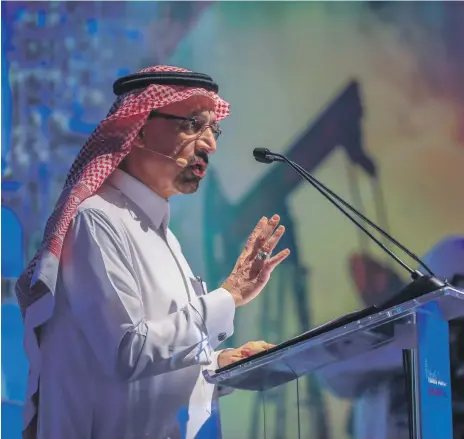  ?? Victor Besa / The National ?? Khalid Al Falih speaks at the Atlantic Council Global Energy Forum in Abu Dhabi yesterday