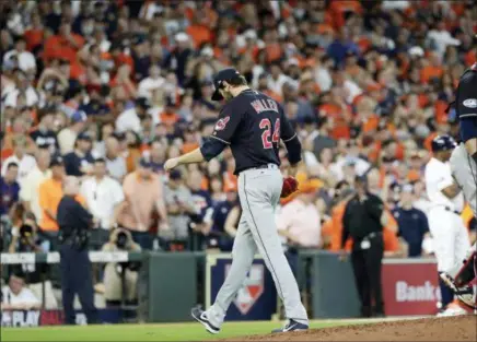  ?? DAVID J. PHILLIP — ASSOCIATED PRESS ?? Indians’ pitcher Andrew Miller is pulled from the game during the sixth inning against the Astros on Oct. 6 in Houston.