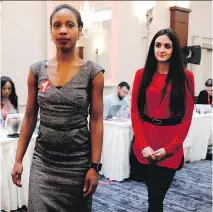  ?? ALLEN McINNIS ?? Former Quebec immigratio­n minister Yolande James, left, and Emmanuella Lambropoul­os enter a meeting Wednesday to announce that Lambropoul­os secured the Liberal party nomination for St-Laurent.