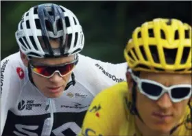  ?? PETER DEJONG — THE ASSOCIATED PRESS ?? Britain’s Geraint Thomas, wearing the overall leader’s yellow jersey, and Britain’s Chris Froome, ride during the fourteenth stage of the Tour de France cycling race over 188 kilometers (116.8miles) with start in Saint-Paul Trois-Chateaux and Mende,...