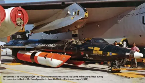  ?? (Photo courtesy of USAF) ?? The second X-15 rocket plane (56-6671) is shown with two external fuel tanks which were added during its conversion to the X-15A-2 configurat­ion in the mid-1960’s.