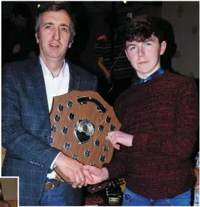  ??  ?? LEFT: Donncha Foley presenting the U16 Player of the year award (Kieran Foley Memorial Shield) to Alan Coughlan at the Banteer/Lyre Juvenile GAA Social in the Hibernian Hotel, Mallow.