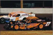  ?? COURTESY PHOTO ?? Kyle Tellstrom (5K) of Ukiah was the winner of the final 2020 North State Modified Series race at Shasta Speedway. Ian Ellliot (27) of Lakeport will be one of the many modified drivers at this year’s season opener April 17 at Shasta Speedway in Anderson.