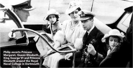 ??  ?? Philip escorts Princess Margaret, Queen Elizabeth, King George VI and Princess Elizabeth around the Royal Naval College in Dartmouth