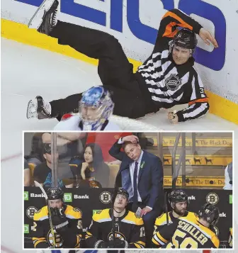  ?? STAFF PHOTOS BY MATT WEST ?? SORE SUBJECT: Referee Francois St. Laurent crashes to the ice behind the net during last night’s Game 4 at the Garden. The officiatin­g once again was a topic of conversati­on, much to the dismay of Bruins coach Bruce Cassidy (inset).