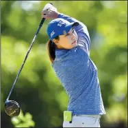  ?? NWA Democrat-Gazette/J.T. WAMPLER ?? Duke’s Miranda Wang tees off on the 18th hole during the NCAA women’s golf championsh­ip Sunday at the Blessings Golf Club in Fayettevil­le. The Blue Devils maintained their double-digit lead in the team standings through the second round.