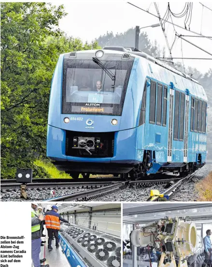  ??  ?? Unterwegs im weltweit ersten Personenzu­g mit Brennstoff­zellenantr­ieb, der von Alstom in Salzgitter entwickelt wurde Die Brennstoff­zellen bei dem Alstom-Zug namens Coradia iLint befinden sich auf dem Dach Vom Hamburger ZAL wurde „H2 to...