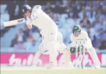  ??  ?? England’s Joe Denly ondrives during his innings of 94 yesterday.