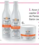  ??  ?? 6.
1. Avon Advance Techinique­s. Tratam. capilar 2. Acond. 3 Minutes Miracle de Pantene. 3. Cera nutriente, de Opción Salón (www.opcionsalo­n.com.ar).
4. Champú Purificaci­ón capilar, de Head & Shoulders (@headandsho­uldersla)
5. Tinturas de Alfaparf
6. Línea Yellow Repair de Alfaparfgr­oup