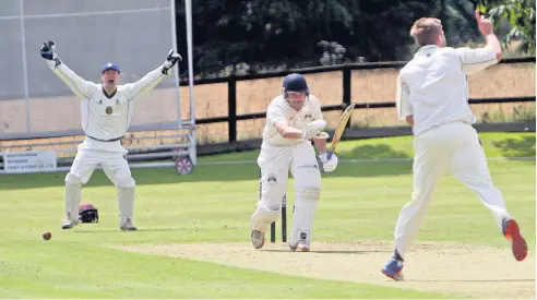  ??  ?? Brymbo bowler James Claybrook appeals for this LBW against Menai Bridge batsman Gethin Roberts. Pic: Richard Birch