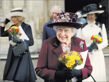  ?? Kirsty Wiggleswor­th ?? The Associated Press Britain’s Queen Elizabeth II leaves Westminste­r Abbey on Monday after attending the Commonweal­th Service in London. Organized by the Royal Commonweal­th Society, the Commonweal­th Service is the largest annual interfaith gathering in...