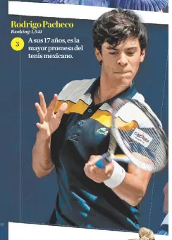  ?? ?? Rodrigo Pacheco Ranking: 1,541
A sus 17 años, es la 3 mayor promesa del tenis mexicano.