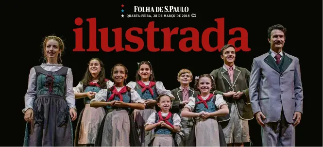  ??  ?? Malu Rodrigues (esq.), a Maria, e Gabriel Braga Nunes (dir.), o Capitão, com as crianças da família Von Trapp na montagem de ‘A Noviça Rebelde’ por Charles Möeller e Claudio Botelho