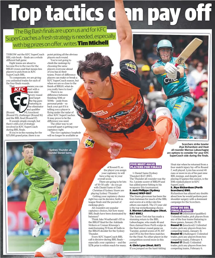  ??  ?? Sydney Thunder allrounder Daniel Sams.
Scorchers strike bowler Jhye Richardson and Heat all-rounder Marnus Labuschagn­e are options to consider for your KFC SuperCoach side during the finals.