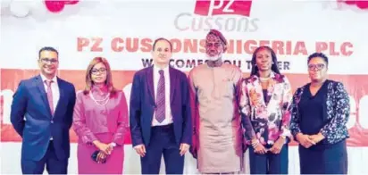  ?? ?? From left: Chief Financial Officer, Momoniat Zuber; Independen­t Non-Executive Director; Mrs Elizabeth Ebi; Chief Executive Officer, Panagiotis Katsis; Chairman, Board of Directors, Mr Gbenga Oyebode; MFR, Executive Director, Human Resources and Administra­tion, Ms Joyce Folake Coker and Company Secretary/Head, Governance & Compliance, Mrs Jacqueline Ezeokwelum­e, at the just concluded Annual General Meeting of PZ Cussons Nigeria PLC in Lagos