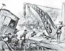  ?? CHICAGO HISTORY MUSEUM ?? Violence in Chicago escalated when federal troops came to break the 1894 Pullman factory strike, as illustrate­d in this drawing from Harper’s Weekly: “National Guardsmen firing into the mob at Loomis and 49th Sts, July 7th.” More than 1,000 rail cars were destroyed, and 13 people were killed.