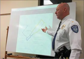  ?? EVAN BRANDT — DIGITAL FIRST MEDIA ?? New Hanover Police Chief Kevin McKeon outlines what he thinks would be a preferable detour route (in orange) than the one being floated by Montgomery County (in blue) when Swamp Pike is closed to replace a small bridge between Wagner Road and New Hanover Square Road.