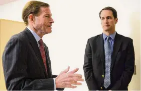  ?? Ned Gerard / Hearst Connecticu­t Media file photo ?? U.S. Rep. Jim Himes, D-4th District, alongside Sen. Richard Blumenthal in Shelton in 2019. Himes was named the top Democrat of the House Permanent Select Committee on Intelligen­ce on Wednesday.