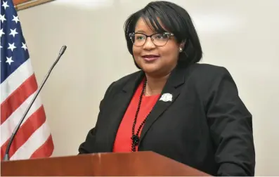  ?? (Pine Bluff Commercial/I.C. Murrell) ?? Carla Martin, vice chancellor for finance and administra­tion at UAPB, speaks to ninth through 12th graders at a kickoff ceremony for the 40th annual Original KingFest on Tuesday at the Donald W. Reynolds Community Services Center.