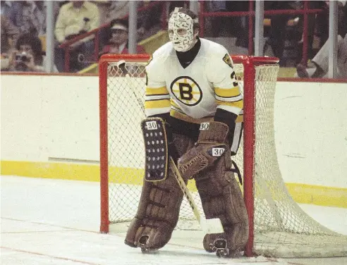  ?? STEVE BABINEAU / NHLI VIA GETTY IMAGES, FILE ?? The increase in the size of goalie equipment can be seen comparing Boston goalie Gerry Cheevers, above, in the
1970s, Montreal’s Patrick Roy in the early 1990s, and Edmonton’s Cam Talbot seen playing this month.