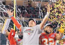  ?? DAVID J. PHILLIP/ASSOCIATED PRESS FILE ?? Kansas City quarterbac­k Patrick Mahomes celebrates after the Chiefs won the Super Bowl in February. One of the things he’s also done this year is invest in the Kansas City Royals.