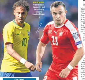  ??  ?? KEY PLAYERS: Brazil's striker Neymar (L) and Switzerlan­d's forward Xherdan Shaqiri.