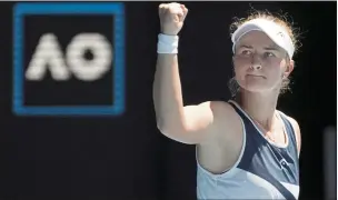  ?? SIMON BAKER — THE ASSOCIATED PRESS ?? Barbora Krejcikova of the Czech Republic celebrates after defeating Victoria Azarenka of Belarus in their fourth-round match at the Australian Open in Melbourne, Australia, on Sunday.