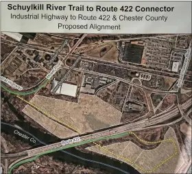  ?? EVAN BRANDT — MEDIANEWS GROUP ?? The yellow dotted line shows where the newest section of the Schuylkill River Trail will be built in Lower Pottsgrove.