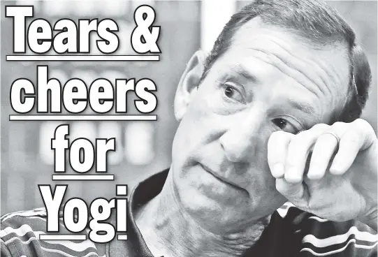  ??  ?? THERE IS CRYING IN BASEBALL: Dale Berra wipes away a tear while fondly rememberin­g his dad, Yogi, at the Yogi Berra Museum on Thursday while City Hall honored the late, great No. 8 by setting up stadium seats and a jersey in his memory (below).