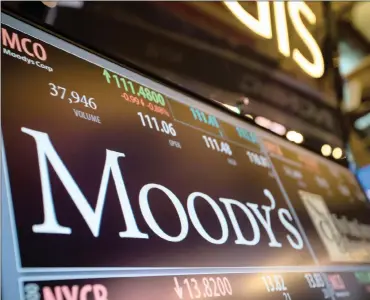  ?? PHOTO: REUTERS ?? A Moody’s sign on the World Trade Center tower in New York in this file photo. Moody’s late on Friday retained South Africa’s investment grade rating.