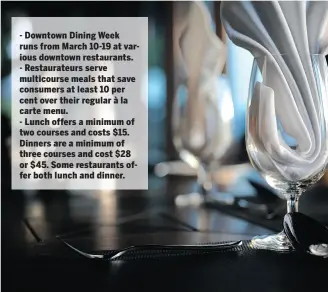  ??  ?? - Downtown Dining Week runs from March 10-19 at various downtown restaurant­s. - Restaurate­urs serve multicours­e meals that save consumers at least 10 per cent over their regular à la carte menu. - Lunch offers a minimum of two courses and costs $15....