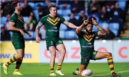  ?? Photograph: David Davies/PA ?? Australia's Josh Addo-Carr celebrates after scoring his side's 10th try of the Rugby League World Cup group B match against Scotland.