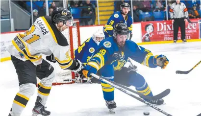  ?? ?? Jean-Samuel Lagacé (91), des Marchands, tente une passe devant le filet malgré l’interventi­on du défenseur Frédéric Castonguay (19). On reconnaît aussi le gardien Samuel Gendron (20) et Jonathan Doucet (16) dans la photo. - Gracieuset­é: Michael Levesque