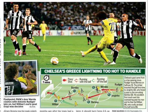  ?? REUTERS ?? Flashpoint: PAOK’s Amr Warda clashes with Antonio Rudiger late on, but Willian’s early goal (top) was decisive