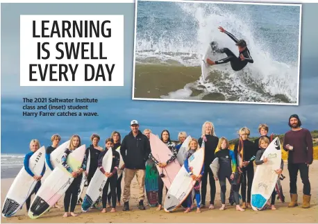  ??  ?? The 2021 Saltwater Institute class and (inset) student Harry Farrer catches a wave.