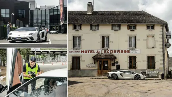  ??  ?? Top left: leaving the factory. Above left: police at tollbooths only interested in a photo-op.Above right: standard Eurotunnel carriages a tight squeeze in a twometre-wide Lambo