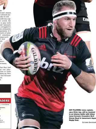  ?? PICTURES: BACKPAGEPI­X ?? KEY PLAYERS: Lions captain, Jaco Kriel, top, will be involved in an intense battle with fellow loose-forward, Crusaders No8 Kieran Read in tomorrow’s Super Rugby final.