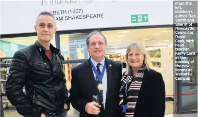  ??  ?? From the left, children’s author Dan Smith and Sheriff of Newcastle, Councillor David Cook, with head teacher Kerry Lord at the opening of the new library at Walbottle Campus