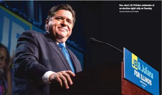  ?? ASHLEE REZIN/SUN-TIMES ?? Gov.-elect J.B. Pritzker celebrates at an election night rally on Tuesday.