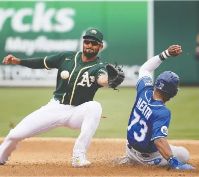  ?? CHRISTIAN PETERSEN / GETTY IMAGES FILES ?? Marcus Semien catches the ball when he was with the Oakland A's as Nick Heath of the Kansas City Royals steals second base in an MLB spring training game last March. Semien will play second base for Toronto this season.