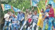  ?? PTI FILE ?? NSUI members shout slogans during a protest in New Delhi