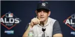  ?? FRANK FRANKLIN II — THE ASSOCIATED PRESS ?? Yankees manager Aaron Boone speaks during a baseball news conference Wednesday at Yankee Stadium. The Yankees host the Minnesota Twins in the first game of an American League Division Series on Friday.