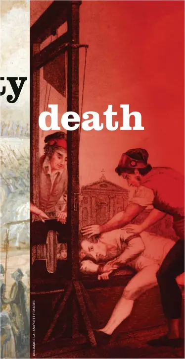  ??  ?? Baying for blood
LEFT: Camille Desmoulins (top left) exhorts Parisians to arm themselves for revolution in the gardens of the Palais Royal, July 1789
MIDDLE: Louis XVI is escorted back to Paris WnFer arrest aHter atteORting to ʚee (ranEe June 1791. The revolution­aries sought equality for all, whether king or peasant RIGHT: Maximilien Robespierr­e is guillotine­d on the orders of fellow revolution­ary leaders fearing for their own lives, 28 July 1794