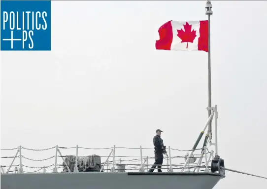  ??  DANIEL MIHAILESCU/AFP/GETTY IMAGES ?? A Canadian soldier stands on board of the HMCS Fredericto­n docked in Constanta, Romania.