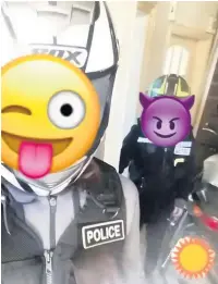  ?? Gang members with emojis covering their faces with a motorbike thought to be stolen ??